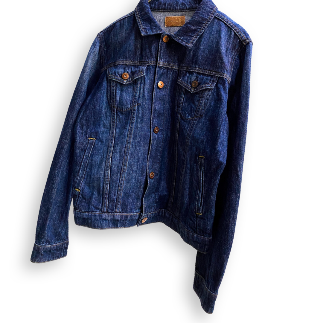 EARTH MUSIC AND ECOLOGY INDIGO DENIM JACKET //COPPER HARDWARE // SIZE LARGE