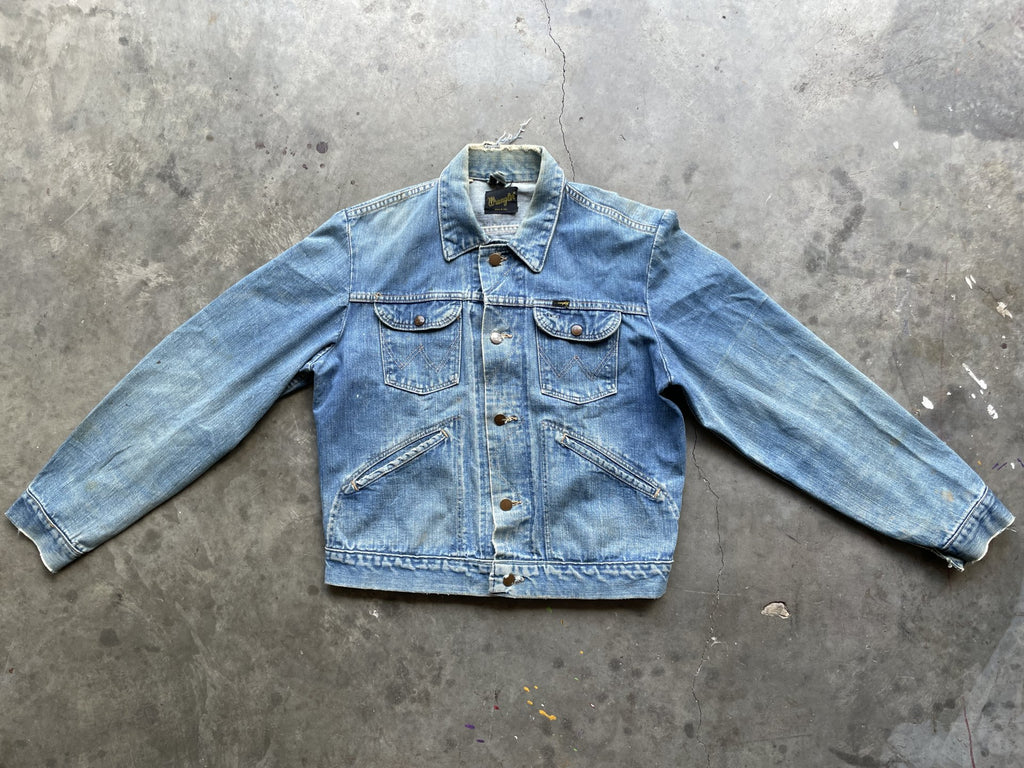 Vintage Wrangler selvedge denim jacket faded distressed light wash 42