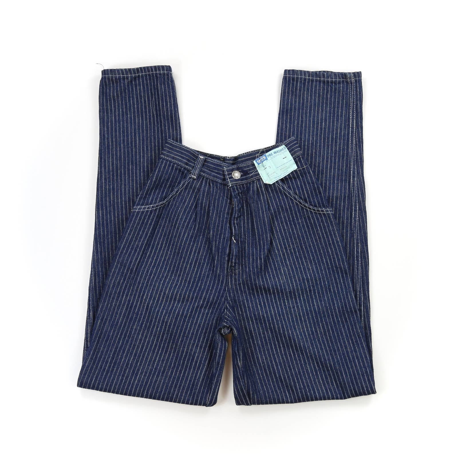 VINTAGE LEVI’S DEADSTOCK 1980’S BLUE AND WHITE PIN STRIPE HIGH WAISTED JEANS