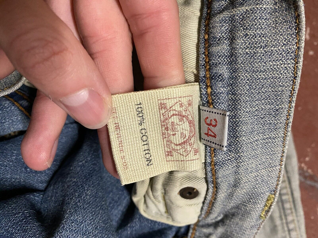 Evisu Destroyed Denim Straight Leg Jeans W34 L31 - Yellow Wing Detail
