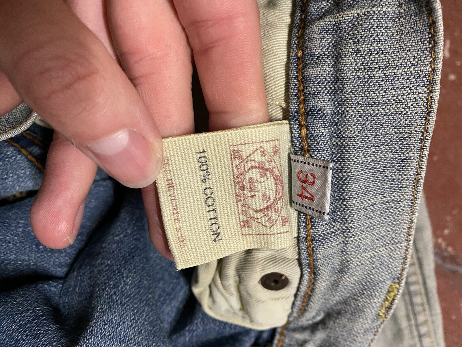 Evisu Destroyed Denim Straight Leg Jeans W34 L31 - Yellow Wing Detail