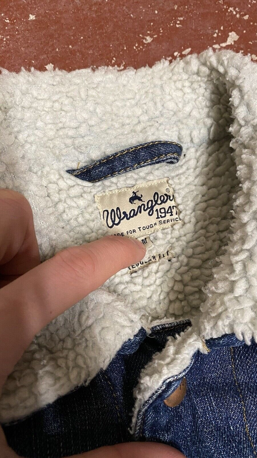 WRANGLER Medium Blue Sherpa Denim Jacket Jean Trucker Borg Fleece VGC