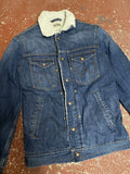 WRANGLER Medium Blue Sherpa Denim Jacket Jean Trucker Borg Fleece VGC