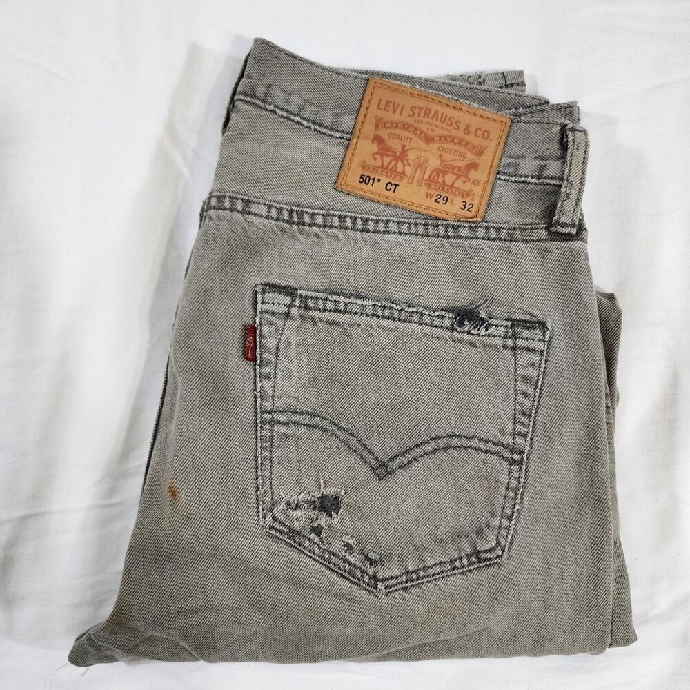 Levis 501 CT Jeans Mens 30x32 Charcoal Washed Gray Custom Tapered Distressed Y2K
