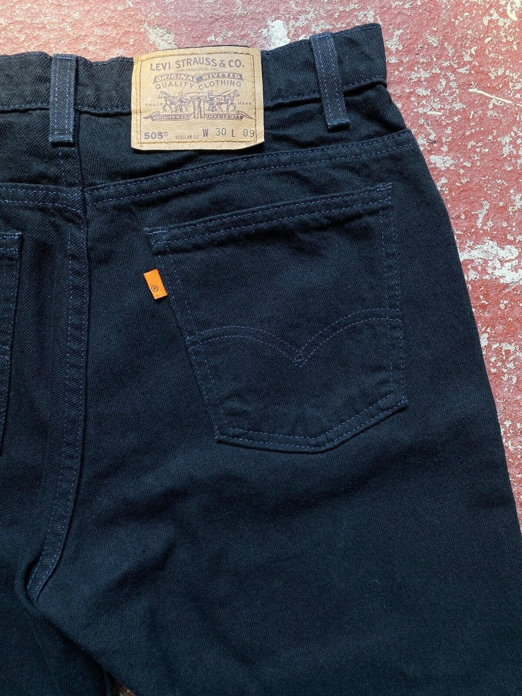Vintage 90’s Levi’s 505 Denim Jean Shorts In Black W30, Orange Tab, Made in USA