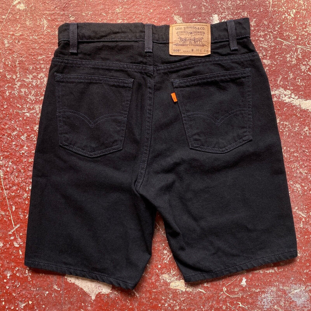 Vintage 90’s Levi’s 505 Denim Jean Shorts In Black W30, Orange Tab, Made in USA