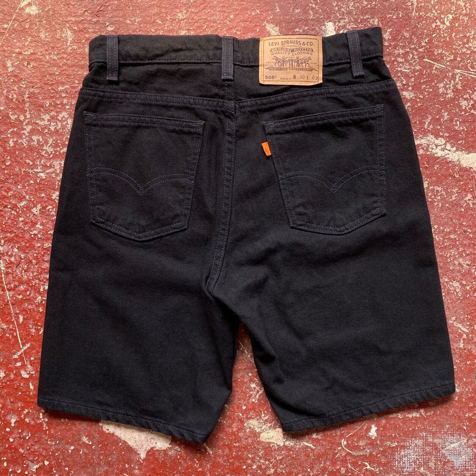 Vintage 90’s Levi’s 505 Denim Jean Shorts In Black W30, Orange Tab, Made in USA