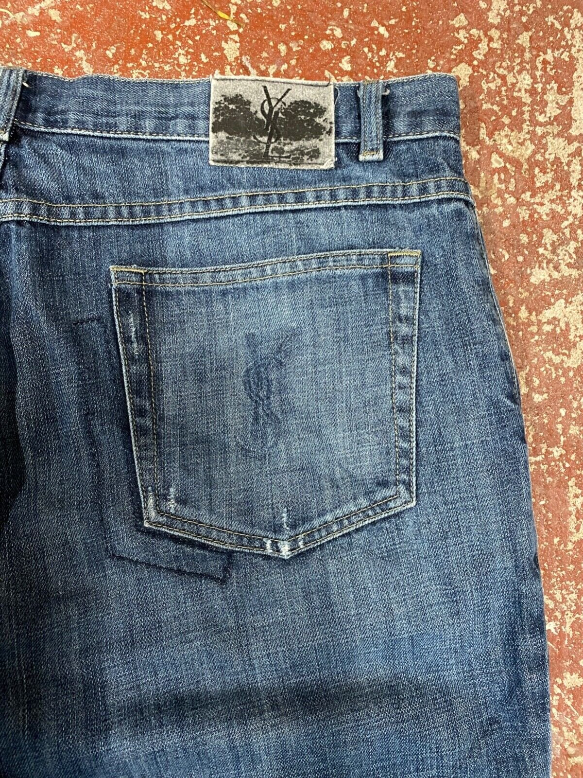 YSL Yves Saint Laurent Blue Distressed Denim Jeans Indigo Blue Wash W40 L32