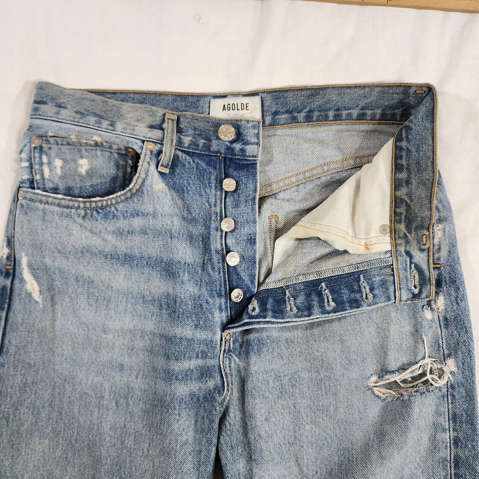 Agolde Women's 90's Jean Distressed Tattered Light Wash Button 30W / 28L - GOOD
