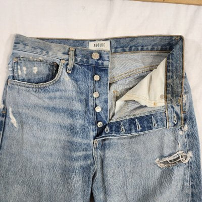 Agolde Women's 90's Jean Distressed Tattered Light Wash Button 30W / 28L - GOOD
